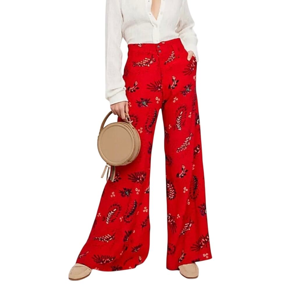 Free People Red Paisley Wide Leg High Rise Button Front Pants, Women's Size 4
